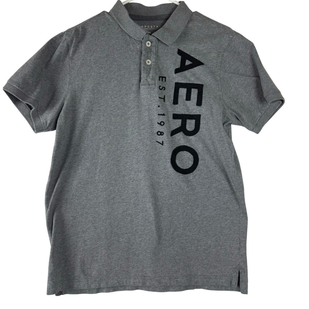 Aeropostale Polo Shirt Y2K Collard Men Medium Gray Graphic Streetwear Retro 90s